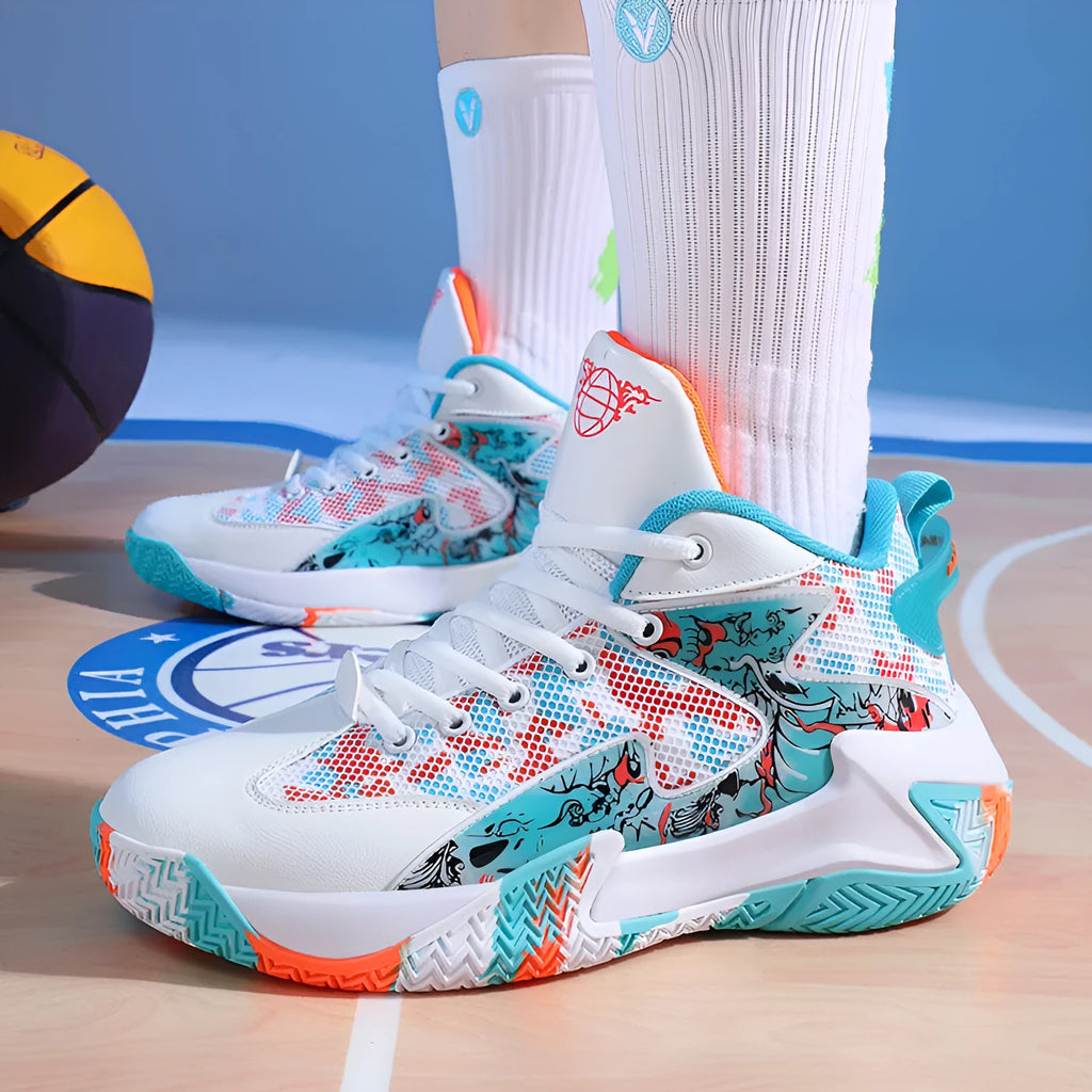 Men's high top basketball shoes in graffiti colour blocking with breathable upper and non-slip rubber outsole