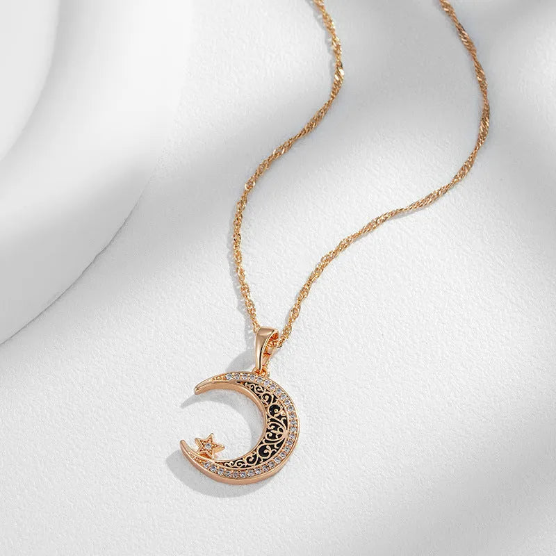 Rose gold star moon necklace with zircon pendant and adjustable chain