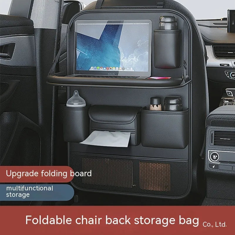 Car seat lazyback storage bag in obsidian black with foldable dining table and leather finish