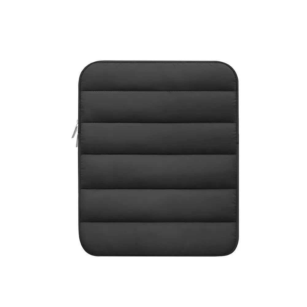 Black fluffy puff laptop sleeve for 9.7-11 inch devices with elastic sides and waterproof lining