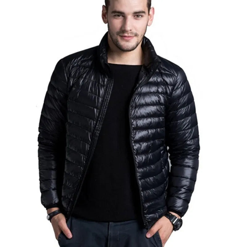 Men's duck down winter parka jacket with hooded lapel, single-breasted, in black