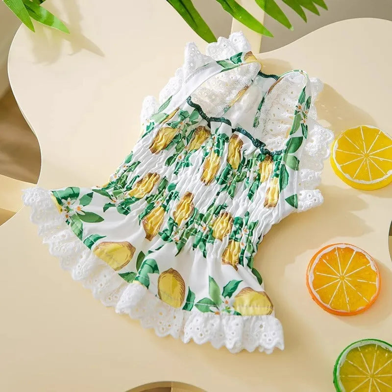 Rock yellow lemon polyester dog skirt dress with thin straps and princess style design