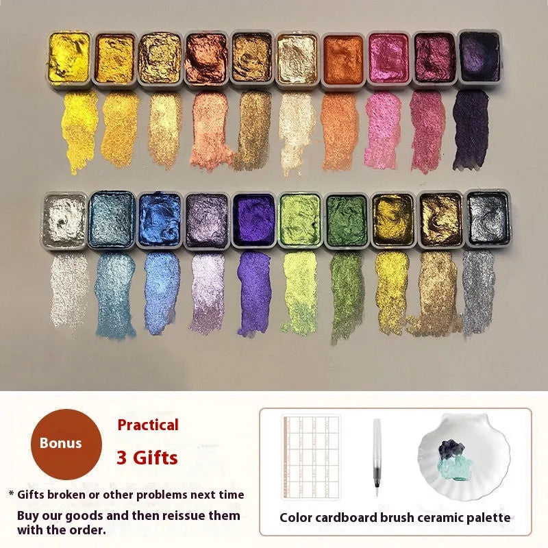 Traditional Chinese painting mineral pearlescent watercolour set showing warm colours, cold colours and metallic paints