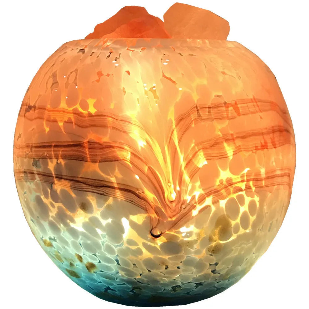 Glass night light with USB cable on a wooden bedside table, 13cm height and width