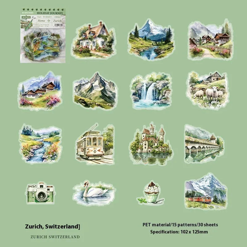 Retro style architecture journal stickers showing Paris Arc de Triomphe, London Big Ben, Maldives, Zurich, Rome, and Bangkok designs