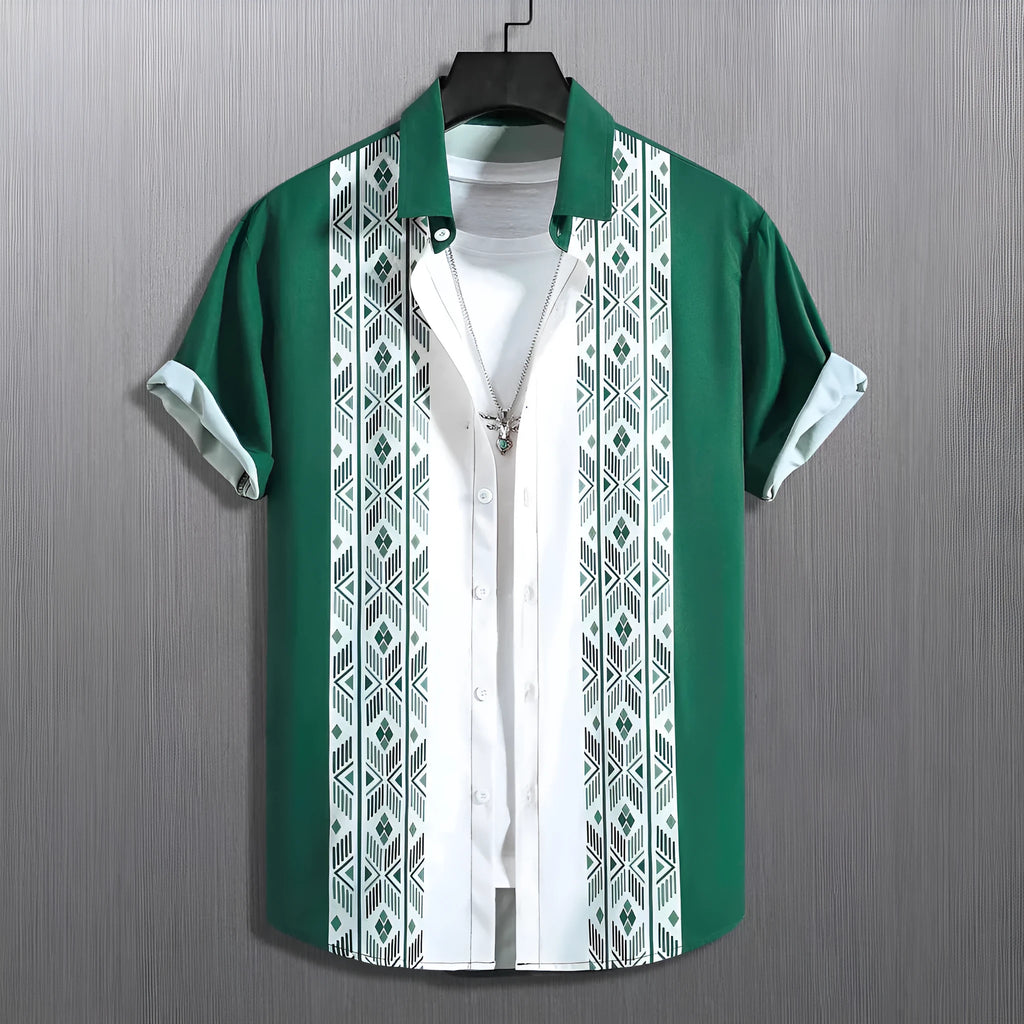 Men's loose fit plaid cardigan shirt with lapel collar and short sleeves in polyester elastic fabric
