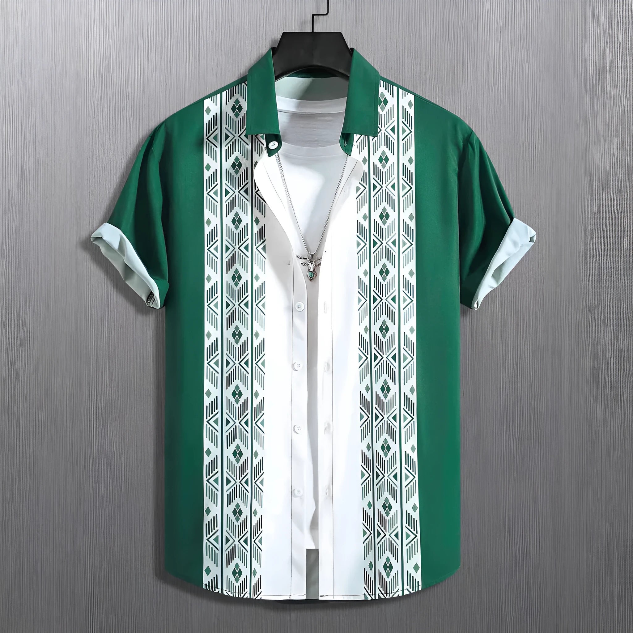 Men's loose fit plaid cardigan shirt with lapel collar and short sleeves in polyester elastic fabric