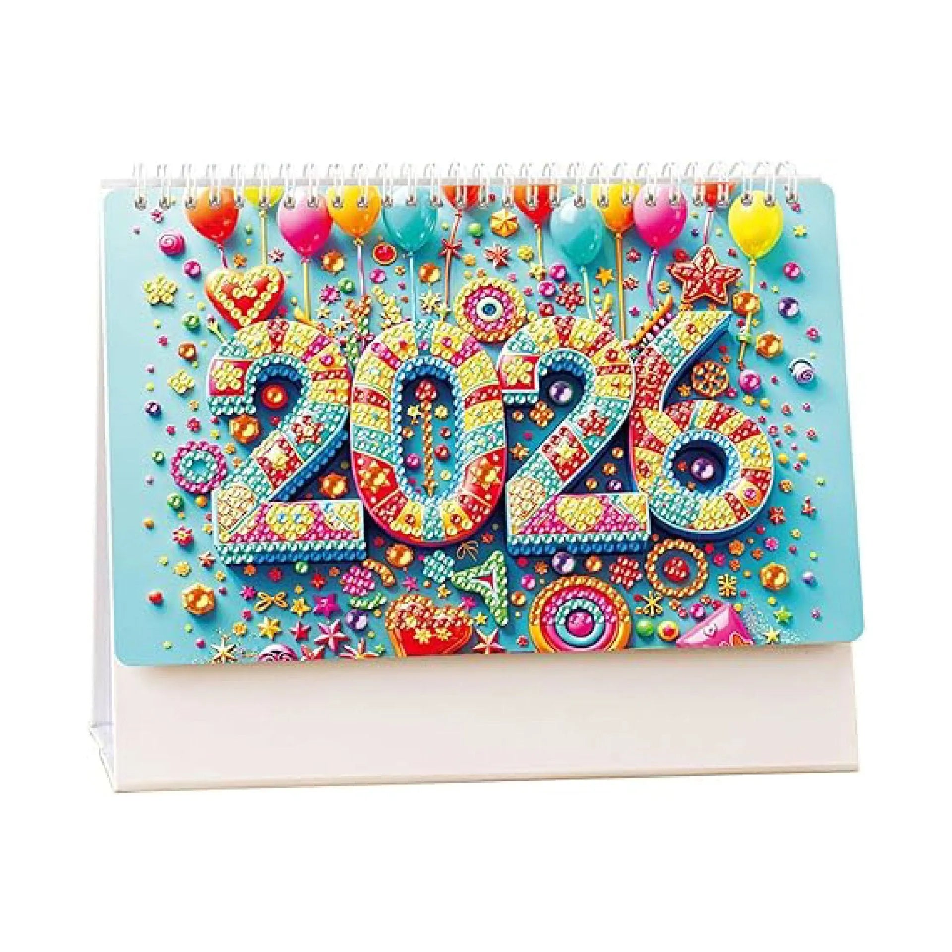 Handmade diamond painting desk calendar with stick-on crystals on white card, frameless modern simplicity design