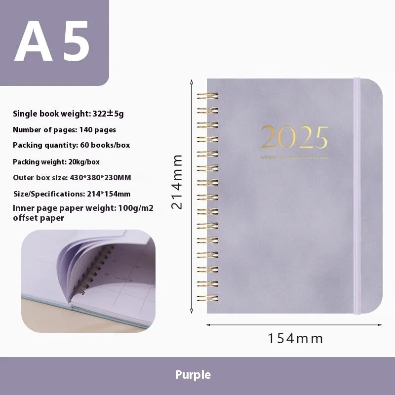 A5 leather notebook with metal coil binding in various colours including black, blue, and green.