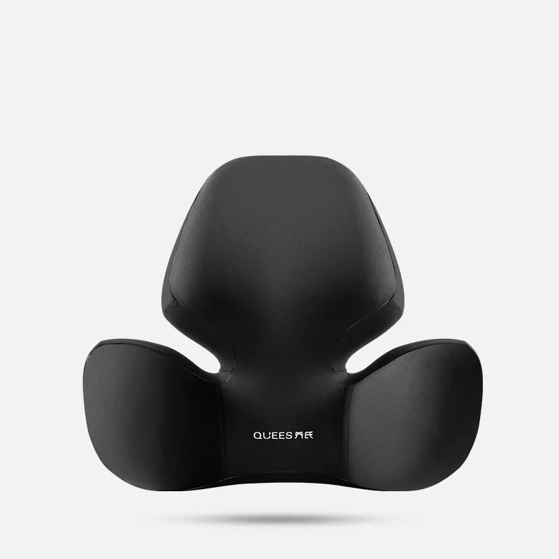 Black and grey memory foam lumbar support pillow and headrest on a car seat.