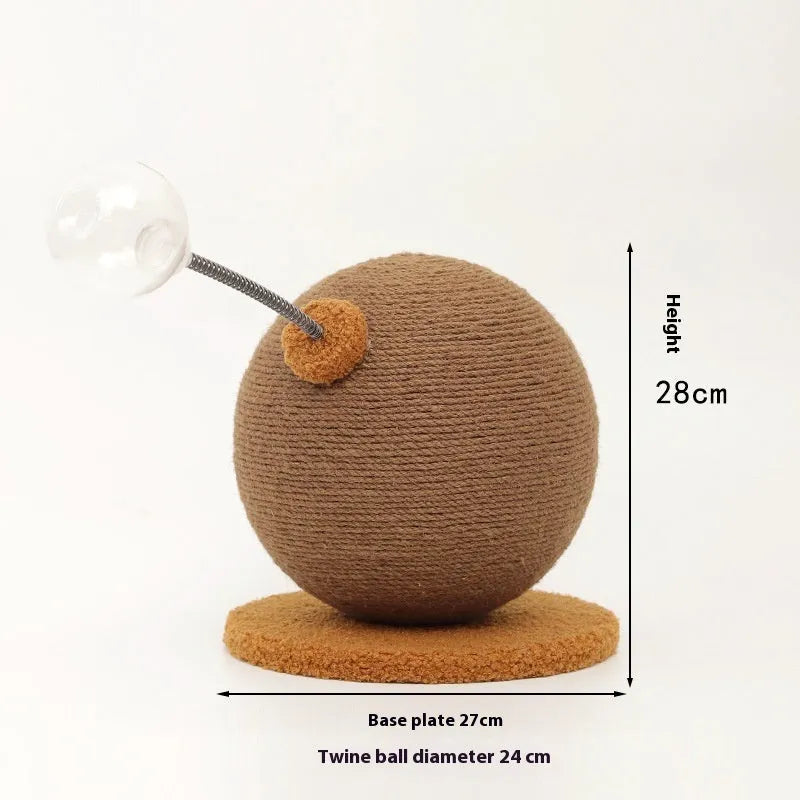 Cat scratching post with interactive tumbler toy made from natural hemp rope in large and small size options