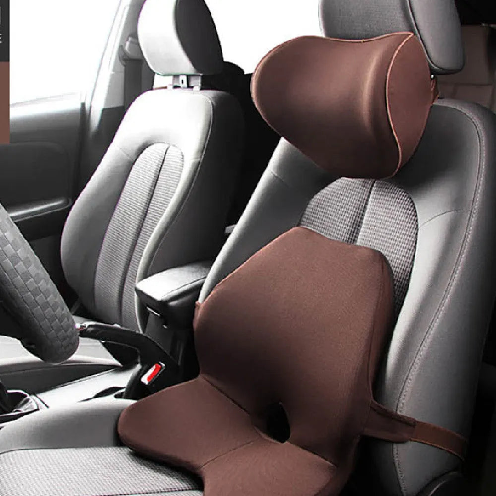 Car waist cushion with memory cotton filling for lumbar support, shown in beige colour