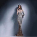 Women's bronzing long sleeve slim fit evening dress in khaki or black with mid waist, long skirt and zip detail, sizes S-XXL