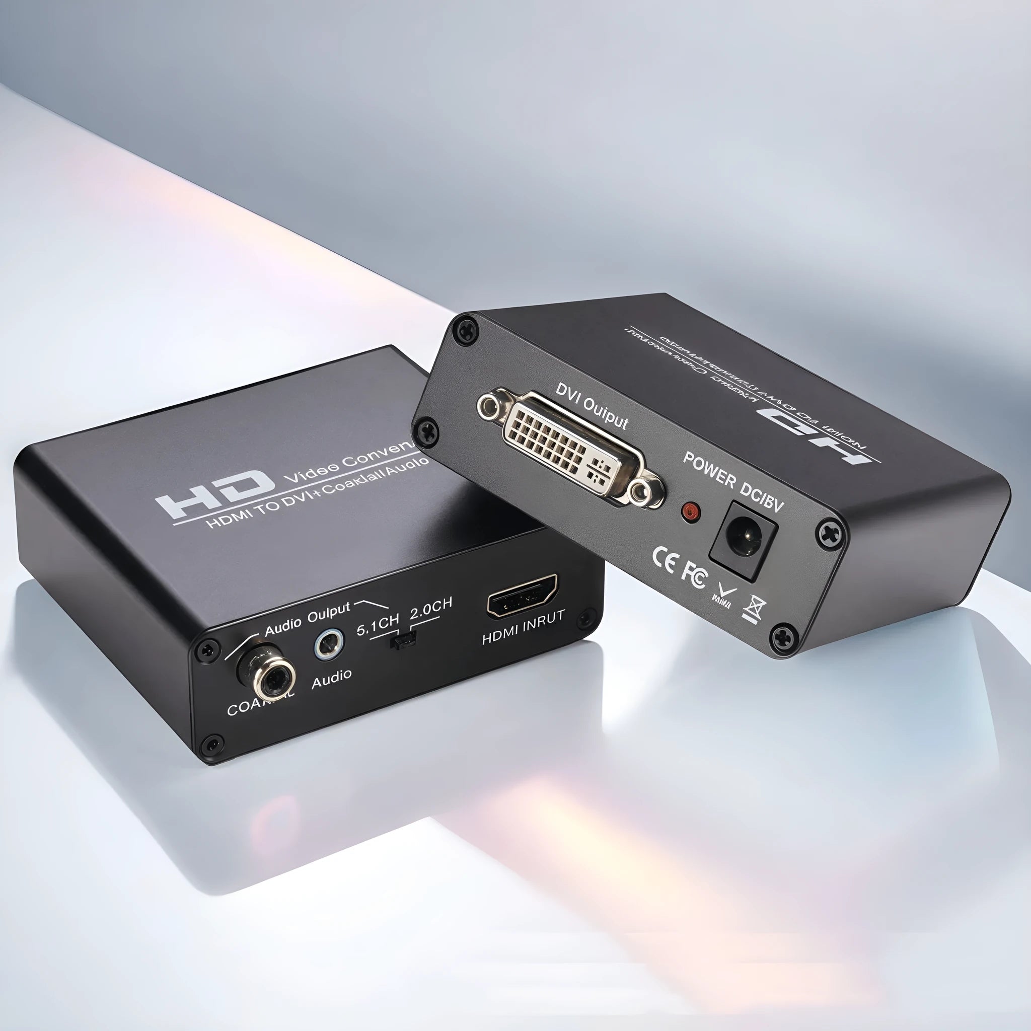 Black HDMI to DVI converter cable with coaxial audio output port, 1.5 metres long.