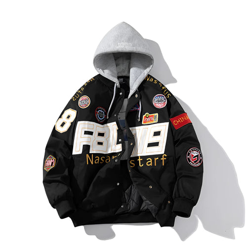 Black cotton-padded American motorcycle baseball jacket with a removable hood and side pockets.
