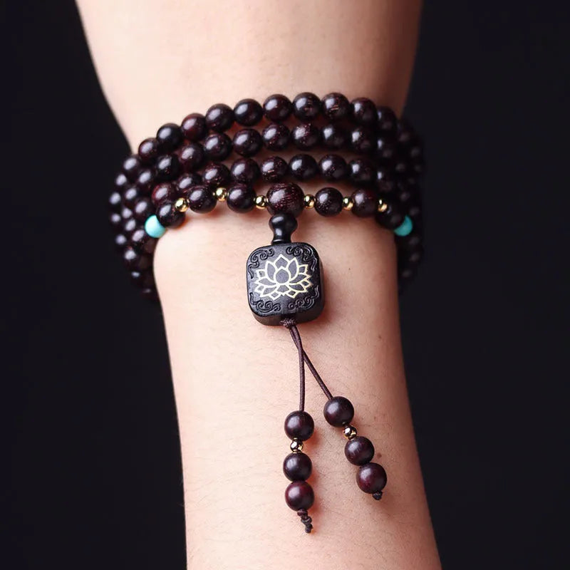 Zambia rosewood bead bracelet with 108 beads in flat lotus pendant design and grinding finish