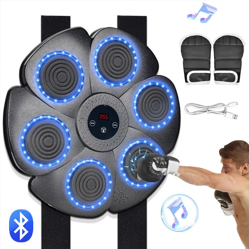 Black smart music boxing machine wall target with Bluetooth and LED lights, includes half-finger boxing gloves