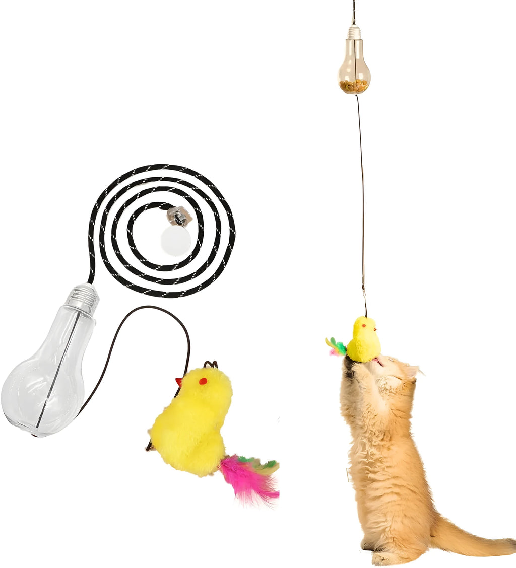 Interactive cat toy with swinging motion hanging from door frame featuring treat reward bulb and retractable elastic cord