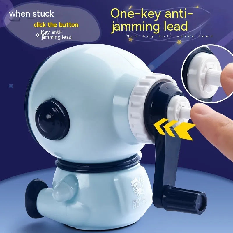 Blue cartoon astronaut manual pencil sharpener with adjustable blades on a white background.