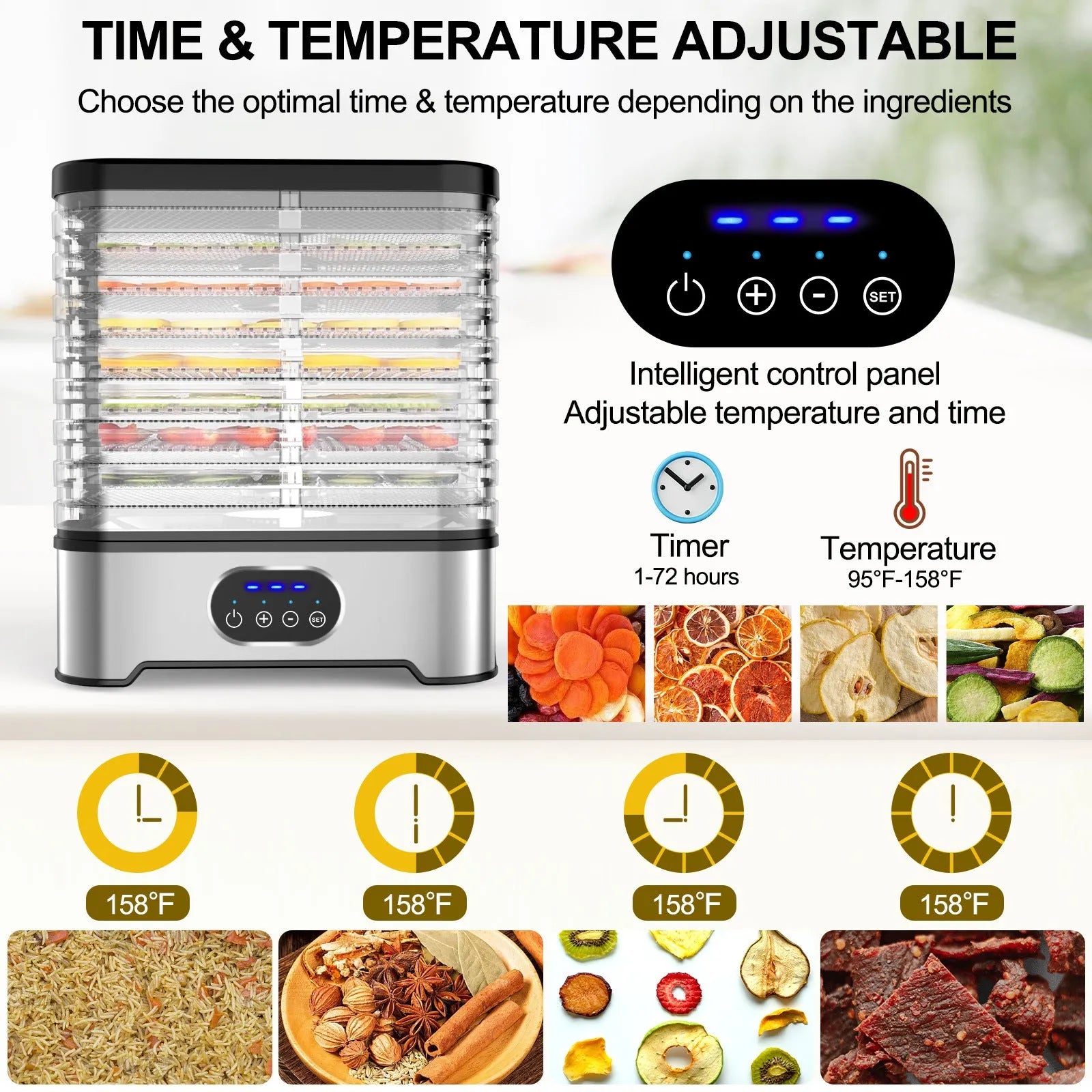 Silver household food dehydrator with 8 drying trays showing expanded height configuration