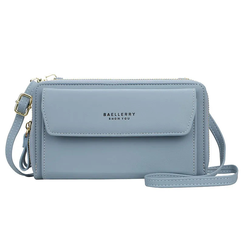 Ladies long wallet in PU leather with double zipper, horizontal square shape, shown in multiple colour options