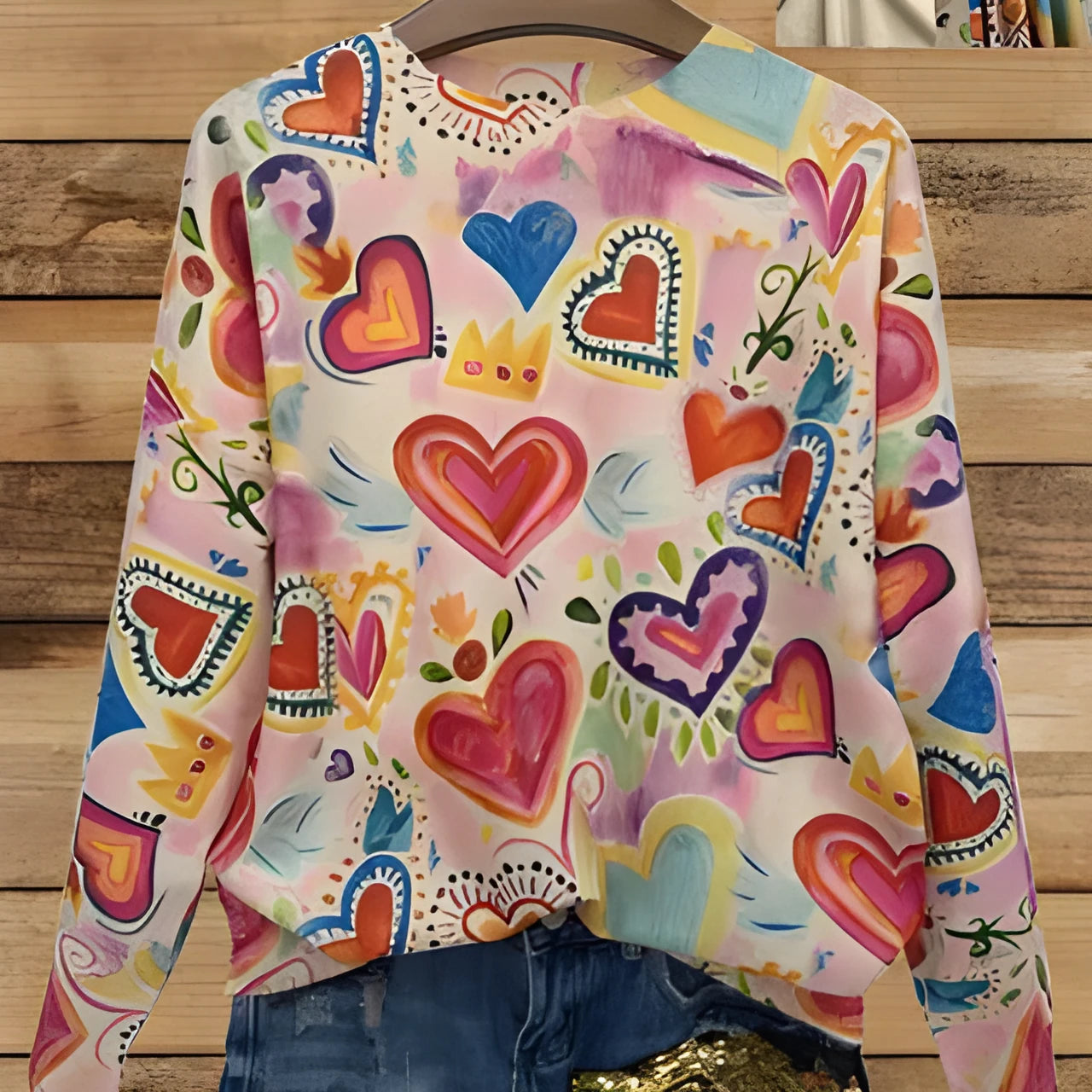 Loose fit digital printed top with V-neck collar and colourful all-over graphic pattern