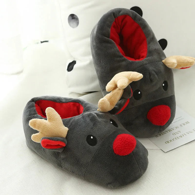 Grey Christmas elk fleece slippers for men and women, sizes 36-41, with point bottom sole