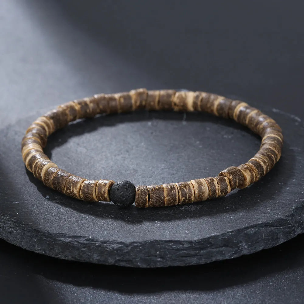 Hand-woven unisex wood bracelet with turquoise accents and totem pattern