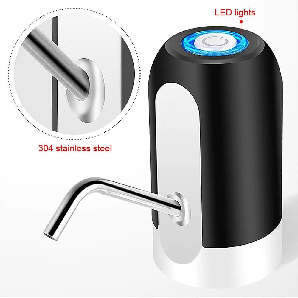 Automatic electric water bottle pump in black or white, USB rechargeable, for 4.5L to 18.9L bottles