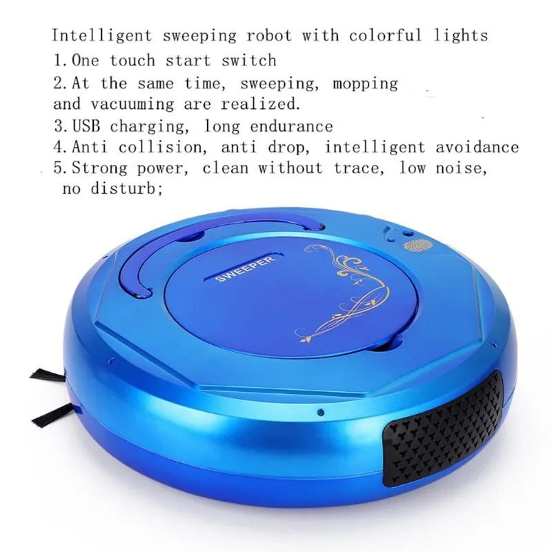 Floor sweeping robot vacuum cleaner in black, blue, or white colour options