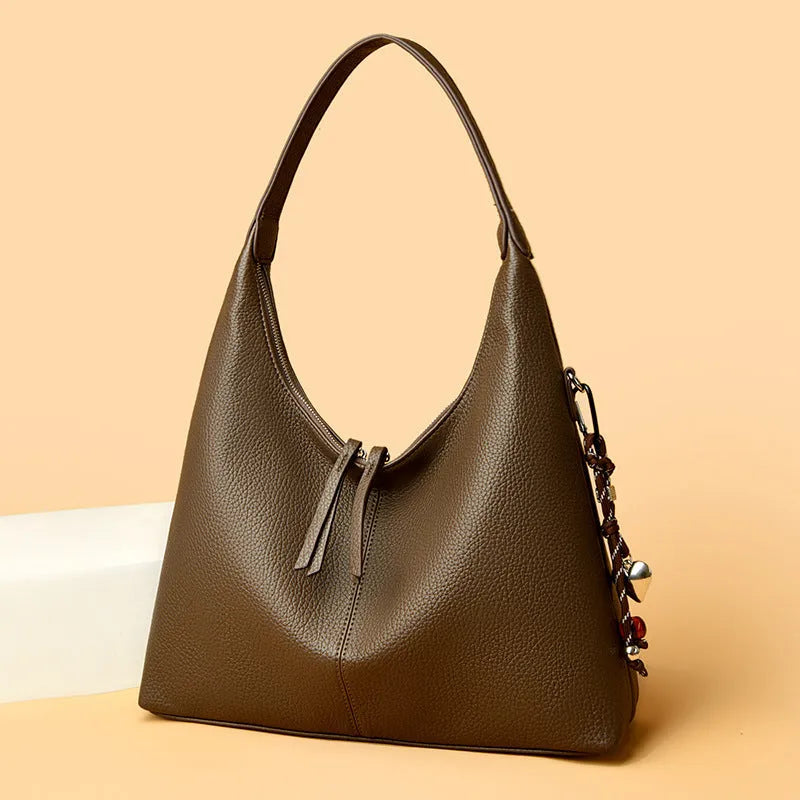 Women's large capacity soft PU shoulder bag with pendant in purplish red, coffee, apricot, dark gray, light khaki or black