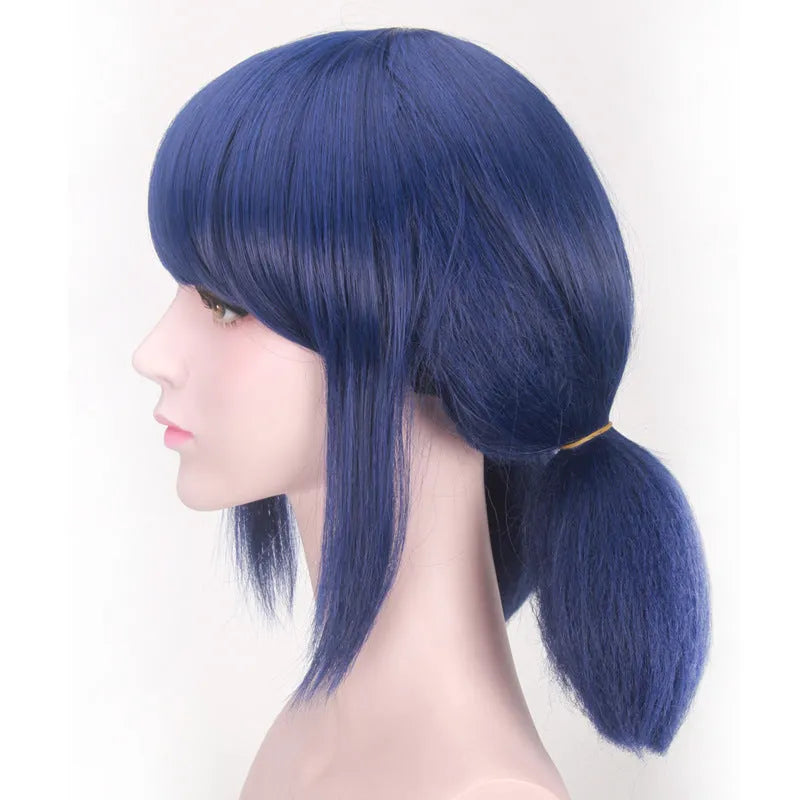 Mixed blue 35cm cosplay wig on stand with breathable inner net and adjustable buckle