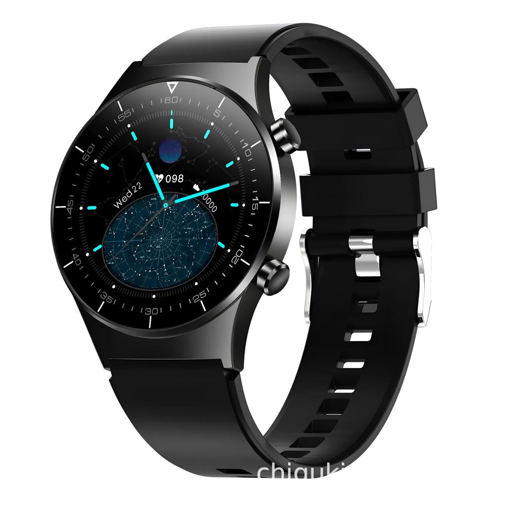 Black smart watch with astronaut bracelet on wrist, showing a 1.28-inch touchscreen displaying heart rate data.