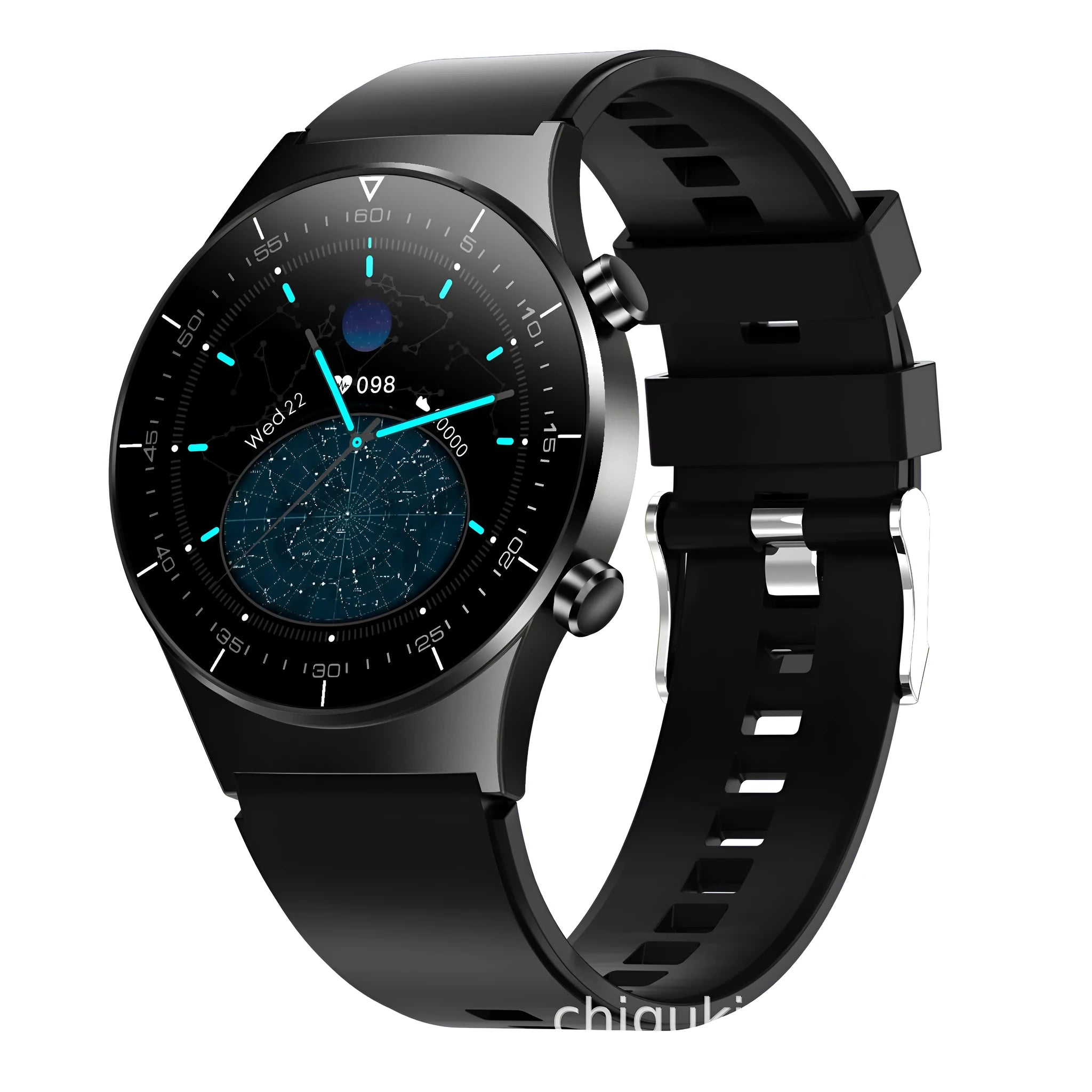 Black smart watch with astronaut bracelet on wrist, showing a 1.28-inch touchscreen displaying heart rate data.