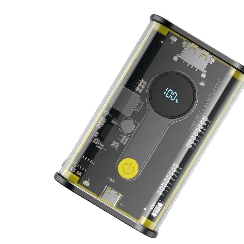 Transparent industrial power bank showing internal components with 10000mAh capacity and multiple USB ports