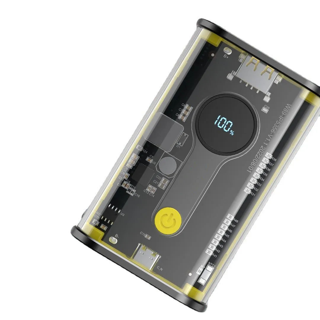 Transparent industrial power bank showing internal components with 10000mAh capacity and multiple USB ports
