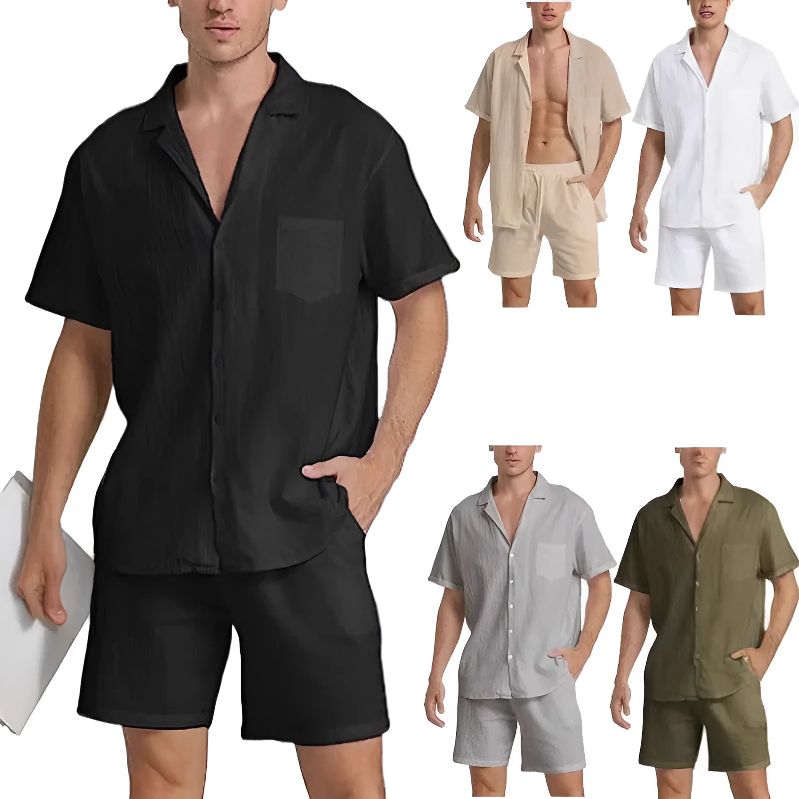 Men's linen summer sports shorts suit with short-sleeved top and matching shorts in army green colour