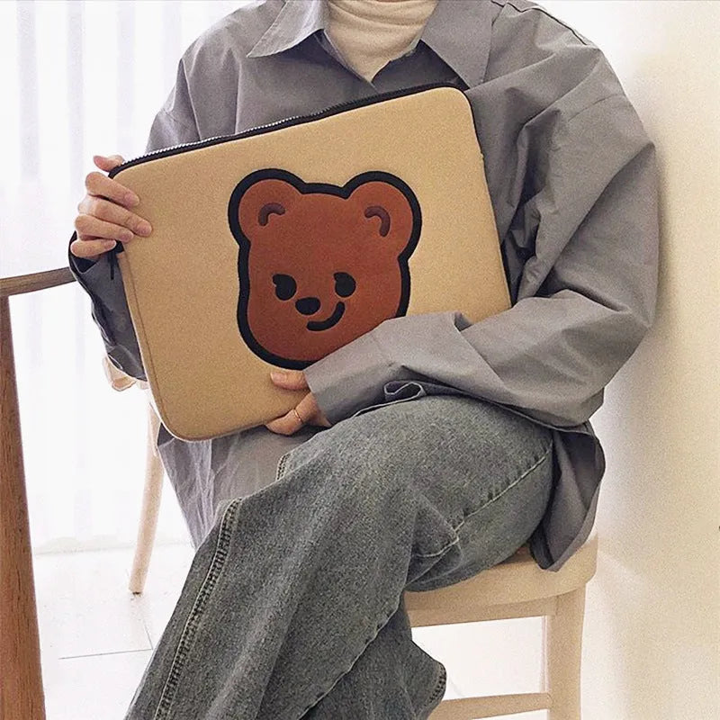 Cotton cloth notebook liner cover with zipper, cartoon cute animal pattern, for 11 inch tablets