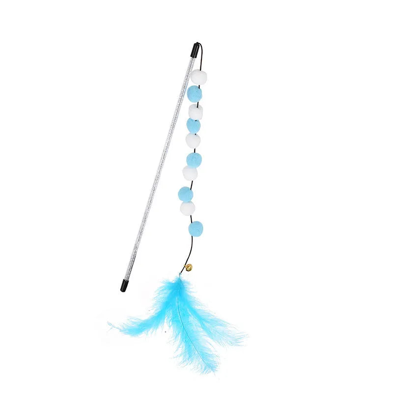 31cm long cat teaser toy rod with colourful pompons, feathers, and bell for interactive play