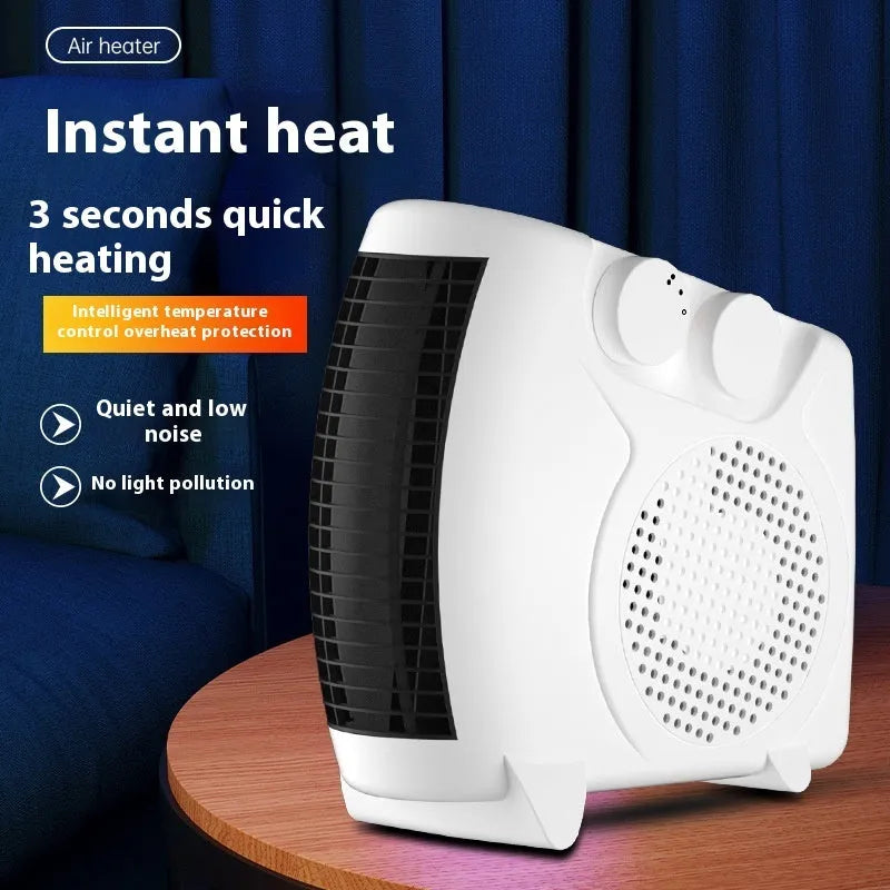 Small white desktop electric heater with power controls, suitable for rooms under 10 square metres.