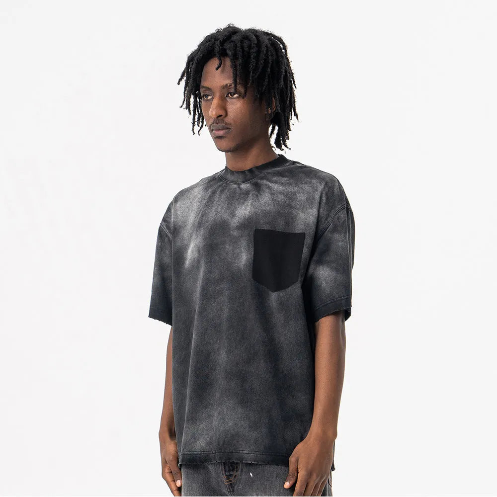 Men's black cotton T-shirt with white printed letter graphic design and drop shoulder sleeves
