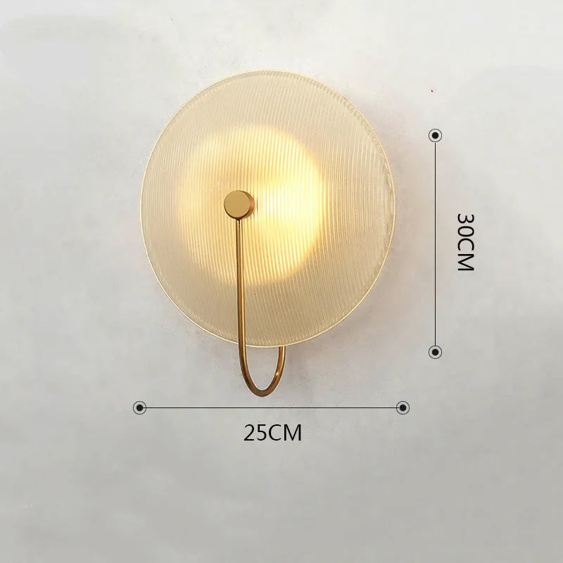 Round glass wall lamp with gold black finish, iron body, for bedside or doorway lighting
