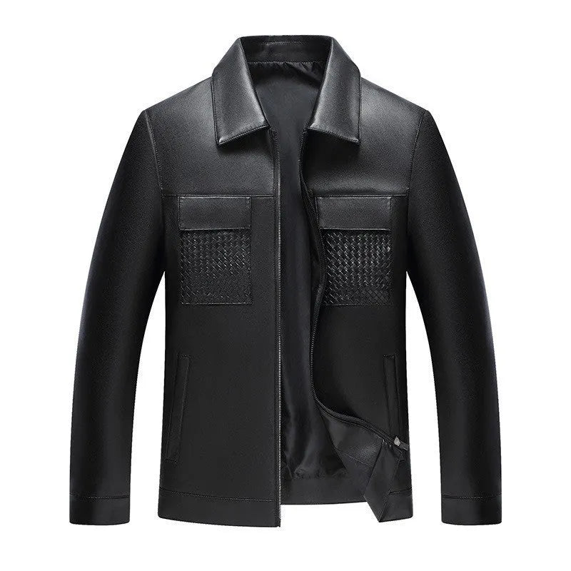 Black PU leather jacket with turn-down collar, patch pockets, and straight hem for spring and autumn business wear