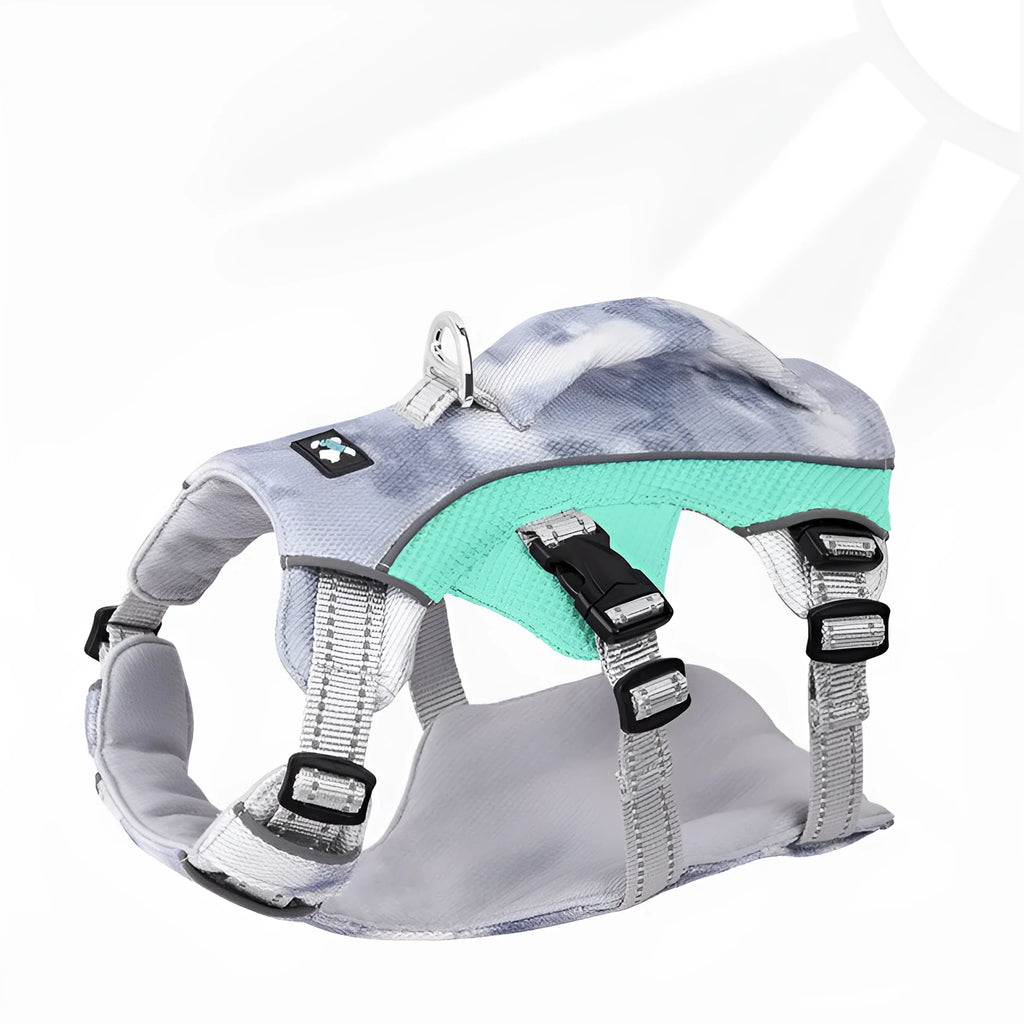 Reflective dog cooling chest strap harness in light blue on a dog.
