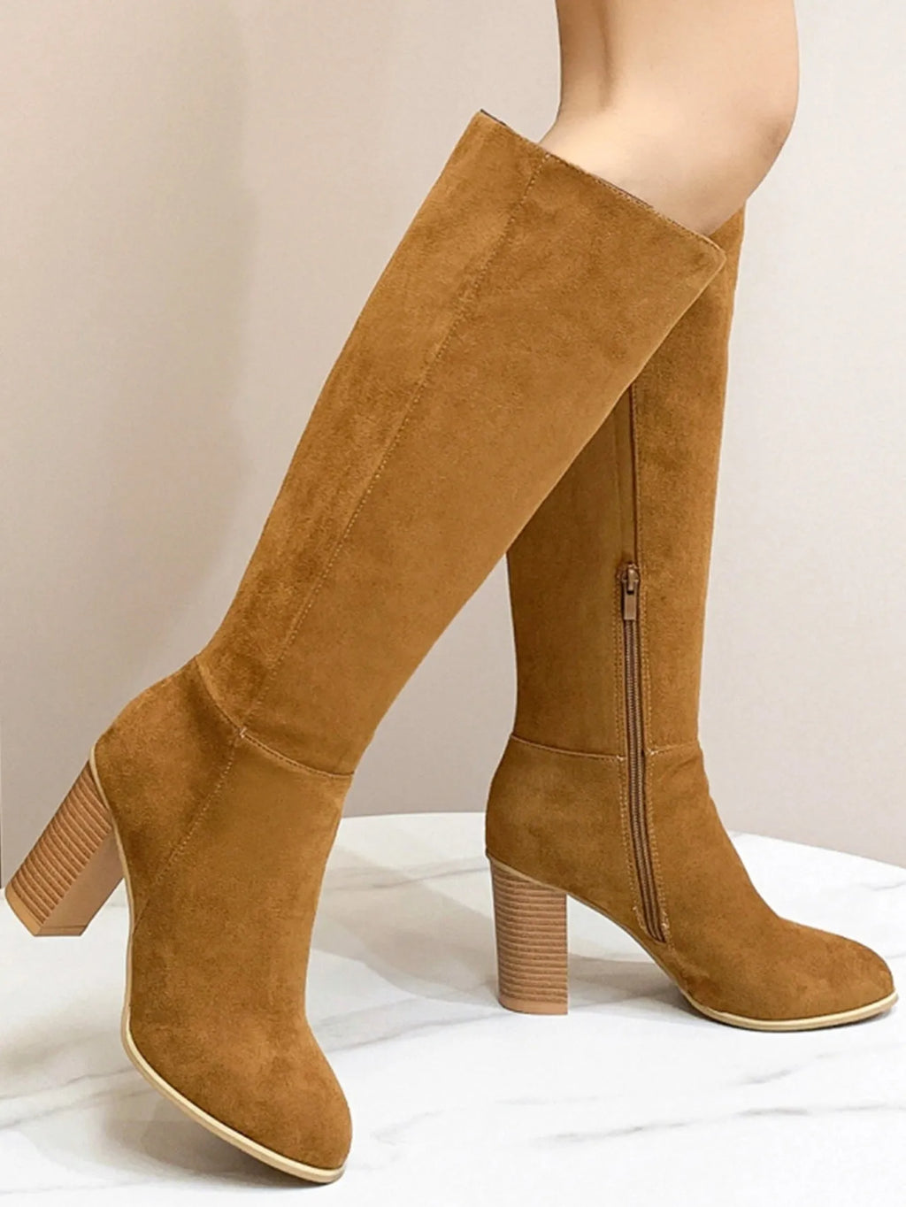 Women's black square toe high heel boot with artificial PU upper, side view