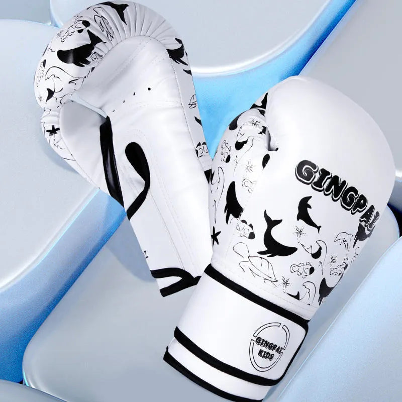 Pair of PU boxing gloves for Sanda and fitness training in 6 oz to 12 oz, shown in white and black