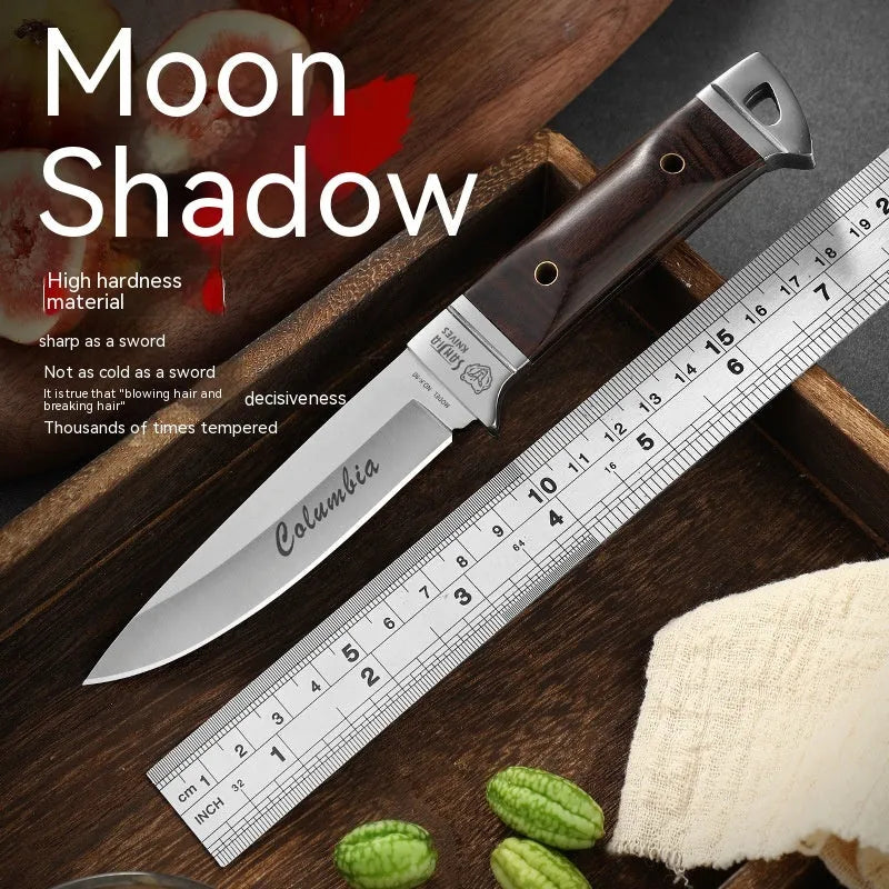 Camping multifunctional portable fruit knife with leather case, stainless steel construction