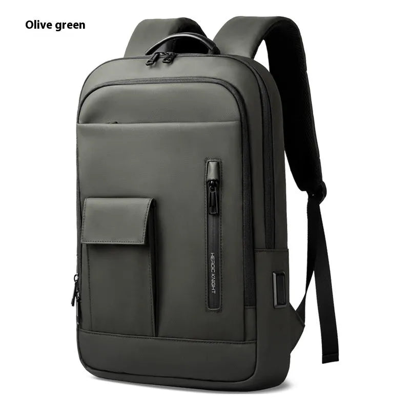 Lightweight Oxford cloth men's backpack in dark grey with sewing line details, shown from the side.
