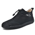 Men's casual leather shoes in green with round toe, rubber sole, and mid heel.