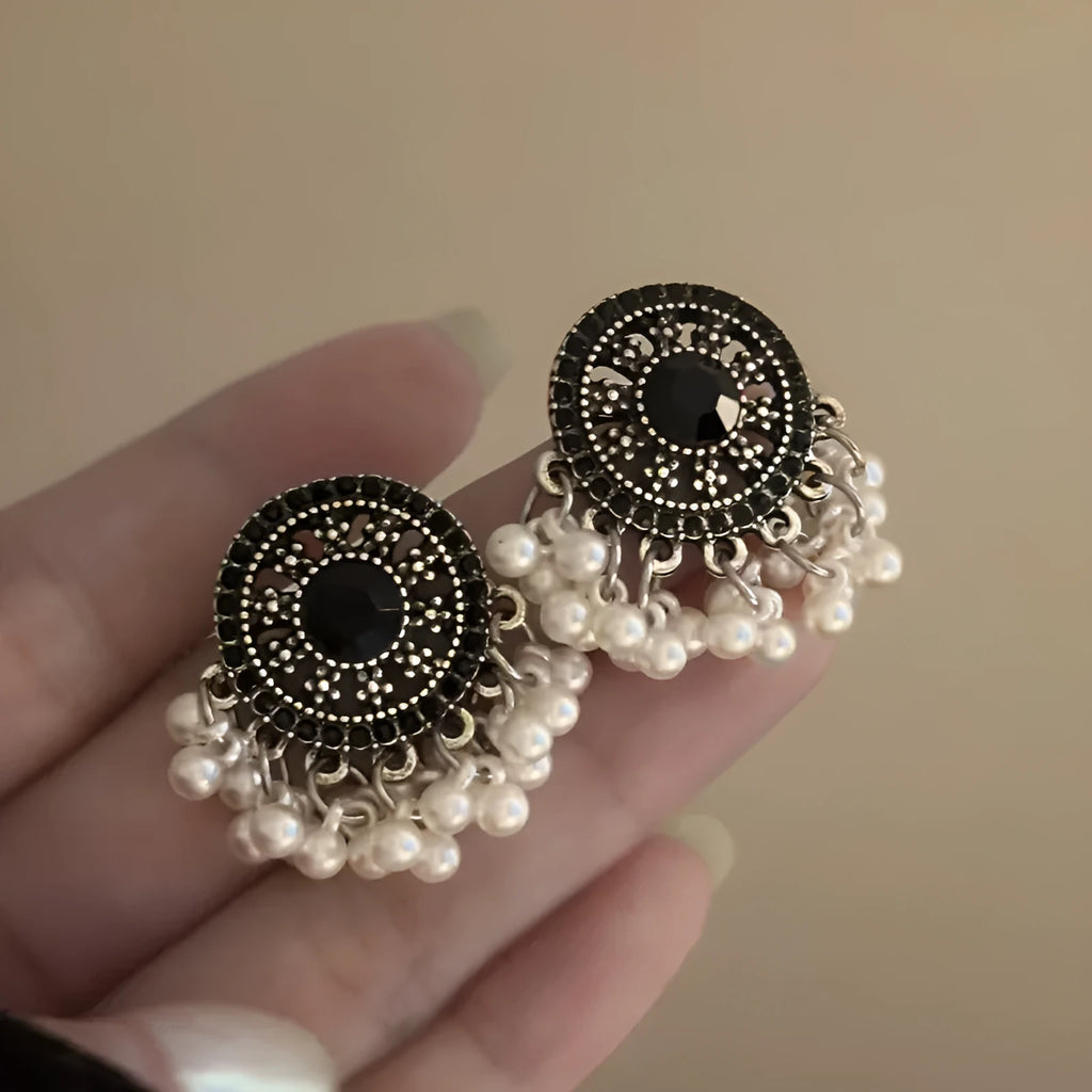Miao maiden pearl earrings in alloy with electroplated finish, geometric round ethnic style for women, one pair